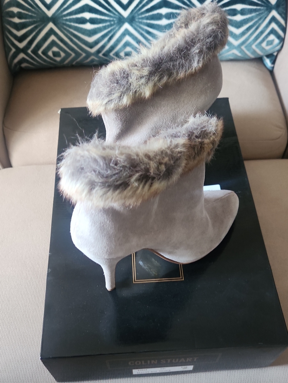 Colin Stuart Taupe Faux-Fur Trim Stiletto Ankle Boots